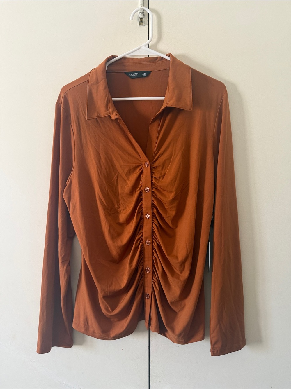 Vera Wang Rust Button-Front Ruched Long Sleeve Shirt